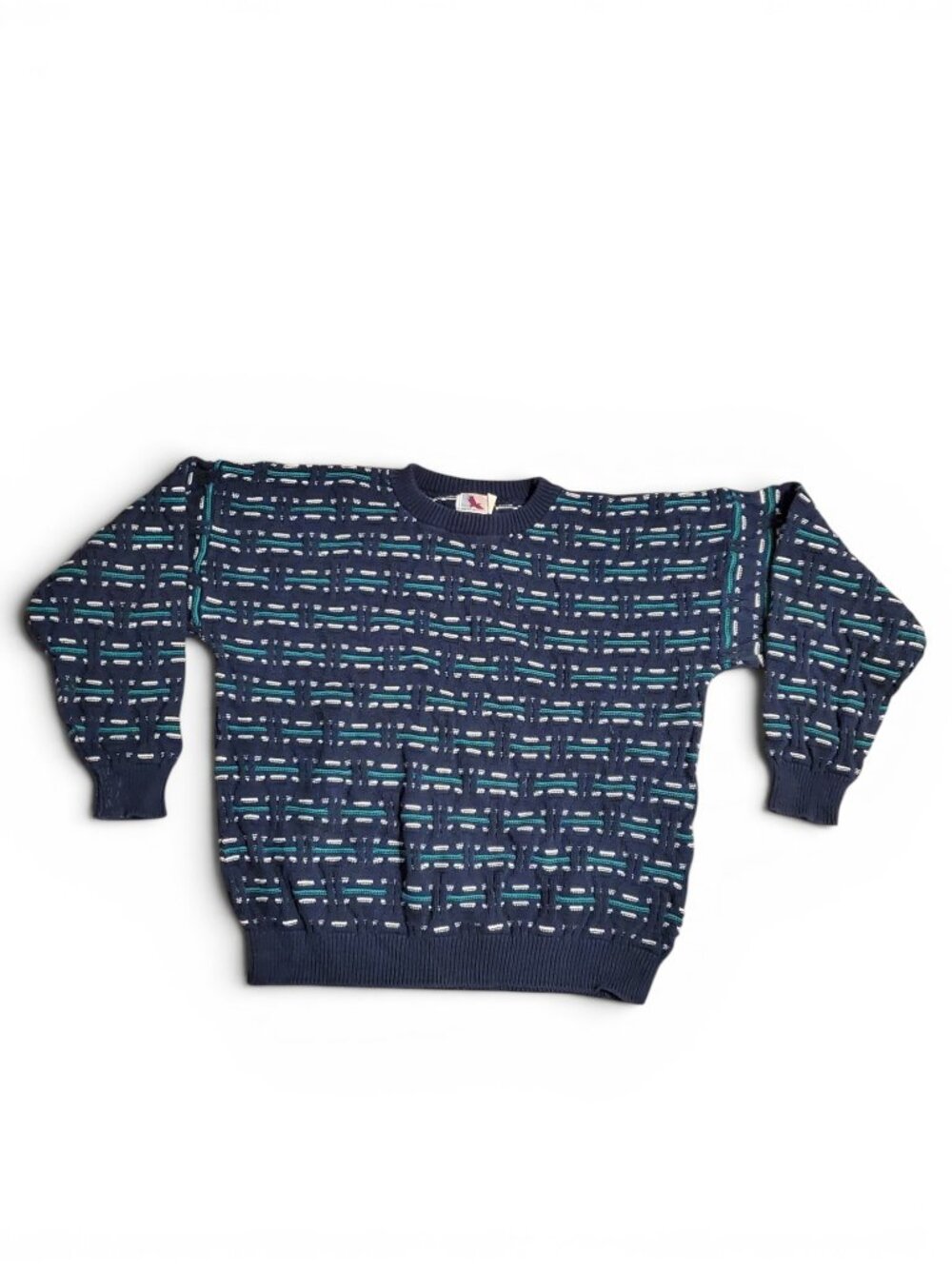 Vintage 80s Navy Blue Textured Woven Pullover Grandpa Fisherman Sweater Size L